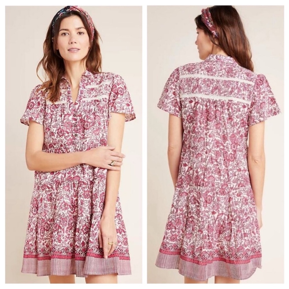 Anthropologie Pink Floral Mini Dress